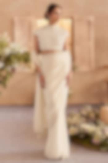 Pearl White Viscose Organza Pre-Draped Wedding Saree Set by Studio22 by Pulkita Arora Bajaj at Pernia's Pop Up Shop