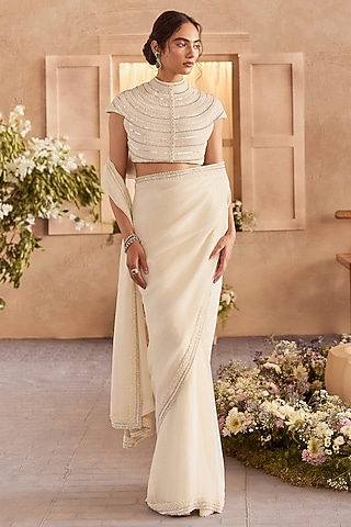 Pearl White Viscose Organza Pre-Draped Saree Set by Studio22 by Pulkita Arora Bajaj