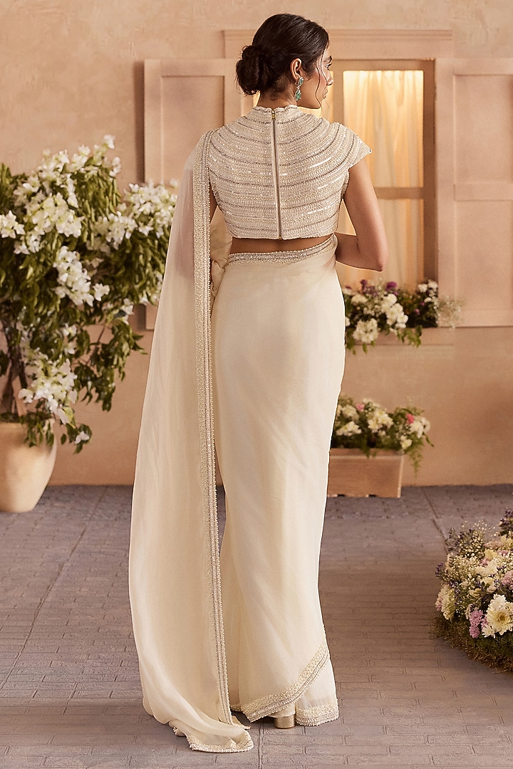 Pearl White Viscose Organza Pre-Draped Wedding Saree Set by Studio22 by Pulkita Arora Bajaj at Pernia's Pop Up Shop