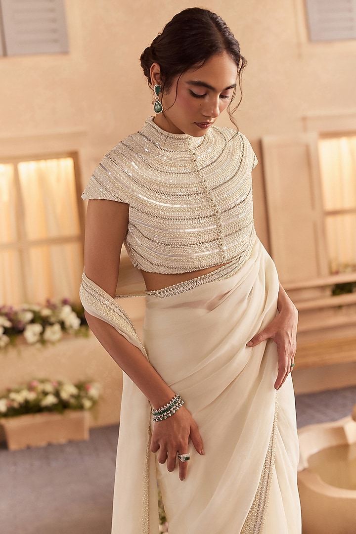Pearl White Viscose Organza Pre-Draped Wedding Saree Set by Studio22 by Pulkita Arora Bajaj at Pernia's Pop Up Shop