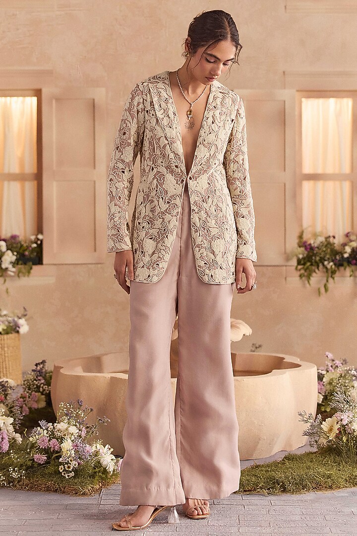 Blush Semi Organza Cutwork Embroidered Jacket Set by Studio22 by Pulkita Arora Bajaj at Pernia's Pop Up Shop