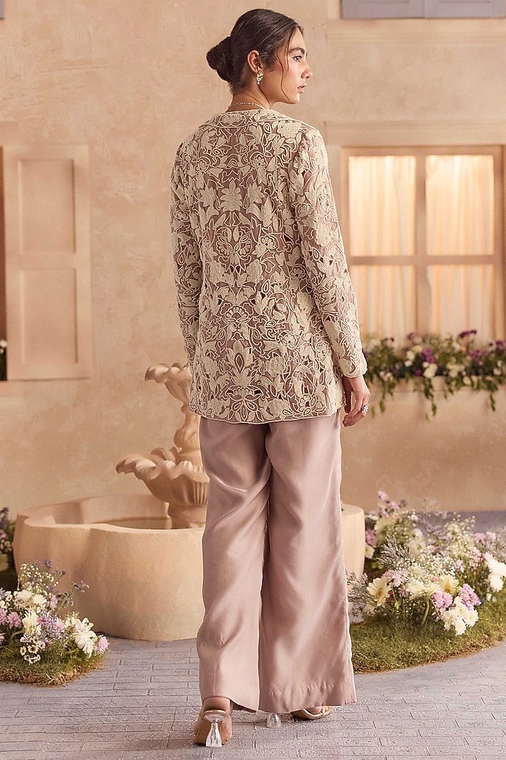 Blush Semi Organza Cutwork Embroidered Jacket Set by Studio22 by Pulkita Arora Bajaj at Pernia's Pop Up Shop