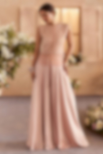 Peach Satin Georgette Beads Embellished Pant Set by Studio22 by Pulkita Arora Bajaj at Pernia's Pop Up Shop