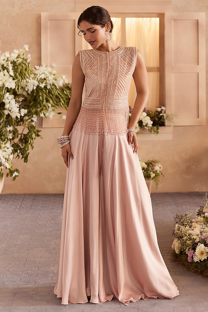 Peach Satin Georgette Beads Embellished Pant Set by Studio22 by Pulkita Arora Bajaj at Pernia's Pop Up Shop