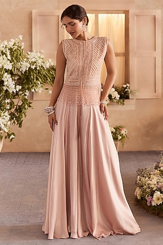 Peach Satin Georgette Beads Embellished Pant Set by Studio22 by Pulkita Arora Bajaj