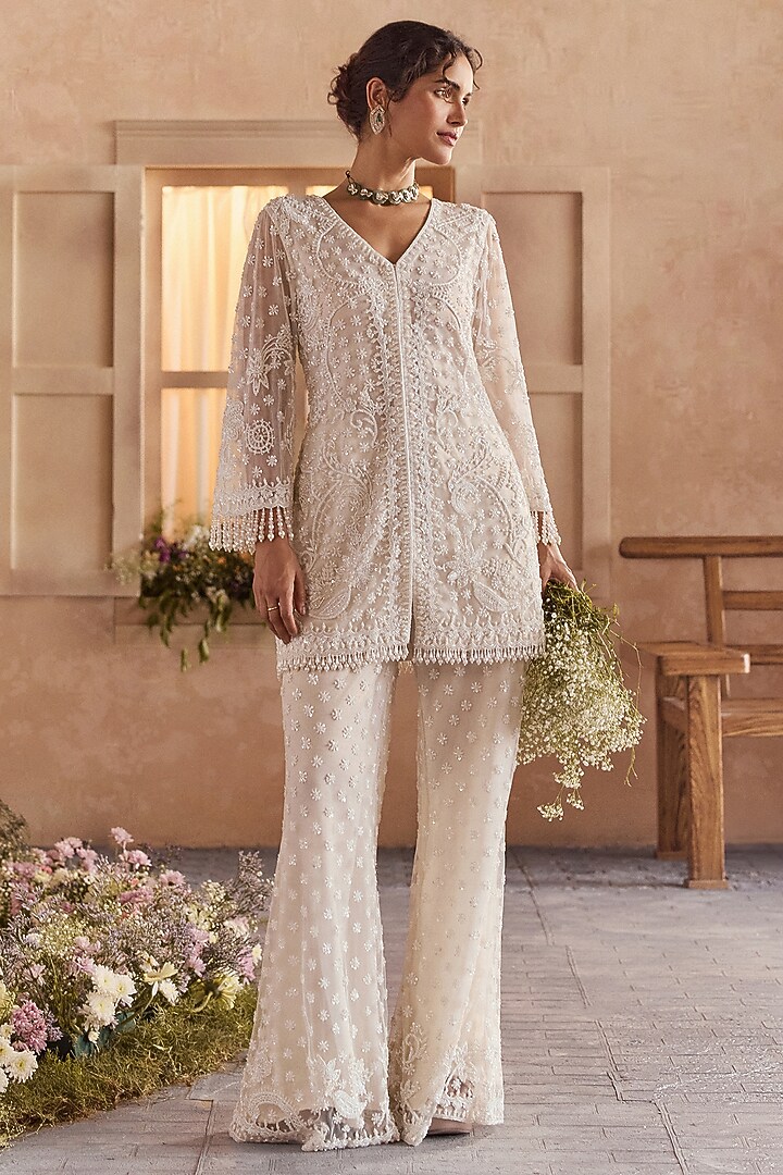 Pearl White Net Beads Embroidered Tunic Set by Studio22 by Pulkita Arora Bajaj at Pernia's Pop Up Shop