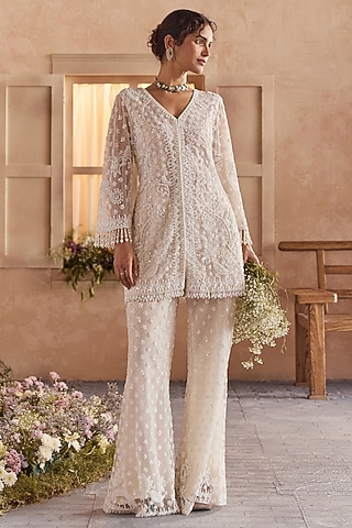 Pearl White Net Beads Embroidered Tunic Set by Studio22 by Pulkita Arora Bajaj