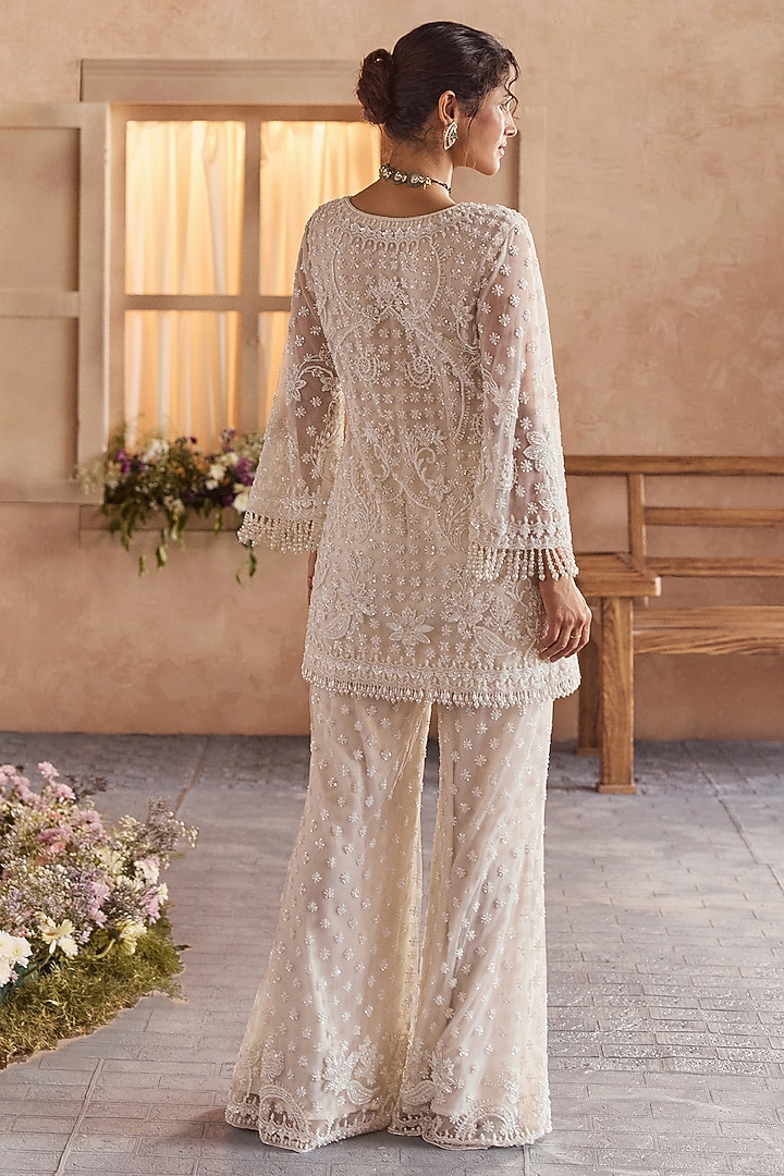 Pearl White Net Beads Embroidered Tunic Set by Studio22 by Pulkita Arora Bajaj at Pernia's Pop Up Shop