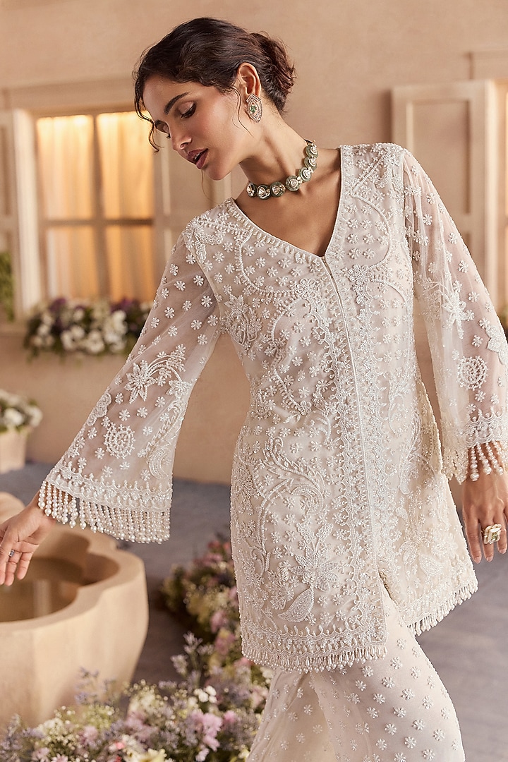 Pearl White Net Beads Embroidered Tunic Set by Studio22 by Pulkita Arora Bajaj at Pernia's Pop Up Shop