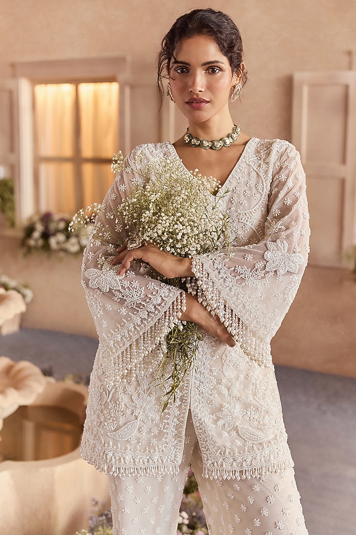 Pearl White Net Beads Embroidered Tunic Set by Studio22 by Pulkita Arora Bajaj at Pernia's Pop Up Shop