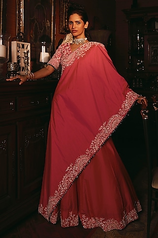 Pink Silk Blend Hand Embroidered Cape Set by Studio22 by Pulkita Arora Bajaj
