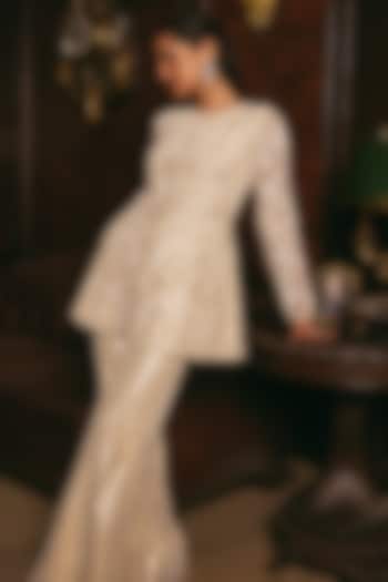 Cream Net & Shimmer Hand Embroidered Indo-Western Jacket Set by Studio22 by Pulkita Arora Bajaj at Pernia's Pop Up Shop