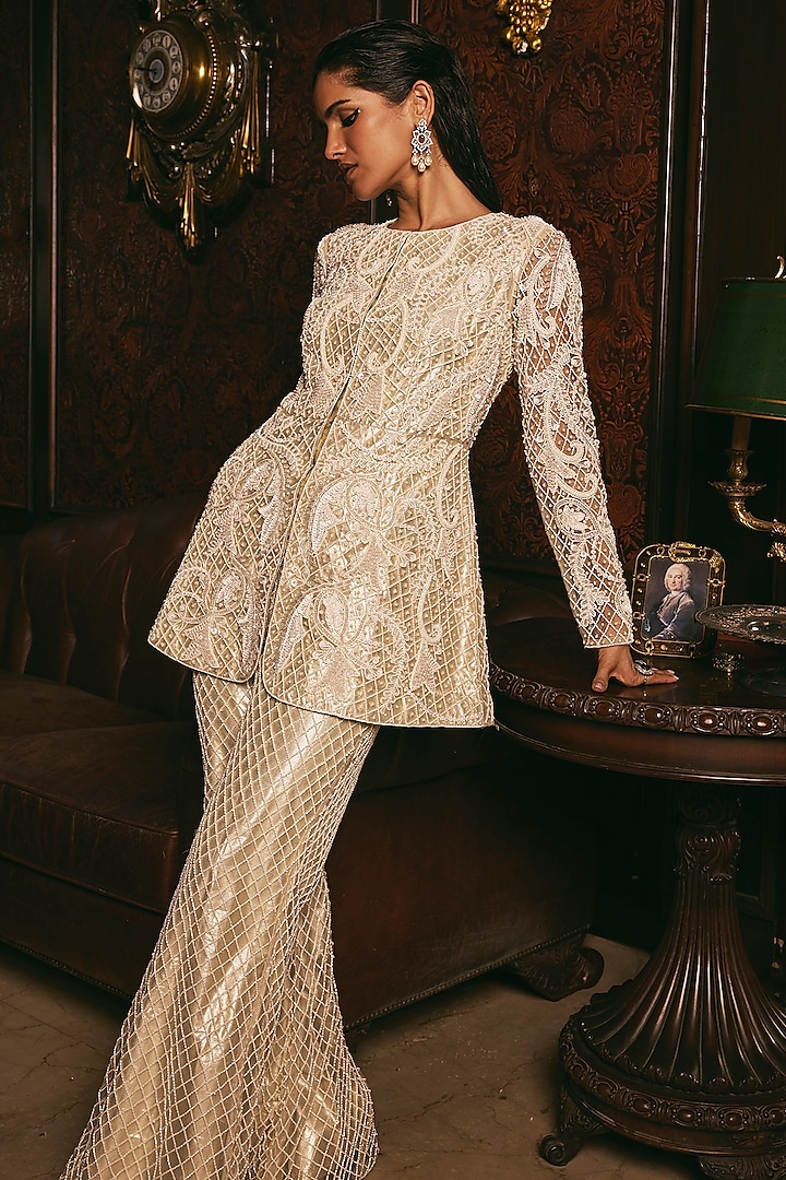 Cream Net & Shimmer Hand Embroidered Indo-Western Jacket Set by Studio22 by Pulkita Arora Bajaj at Pernia's Pop Up Shop