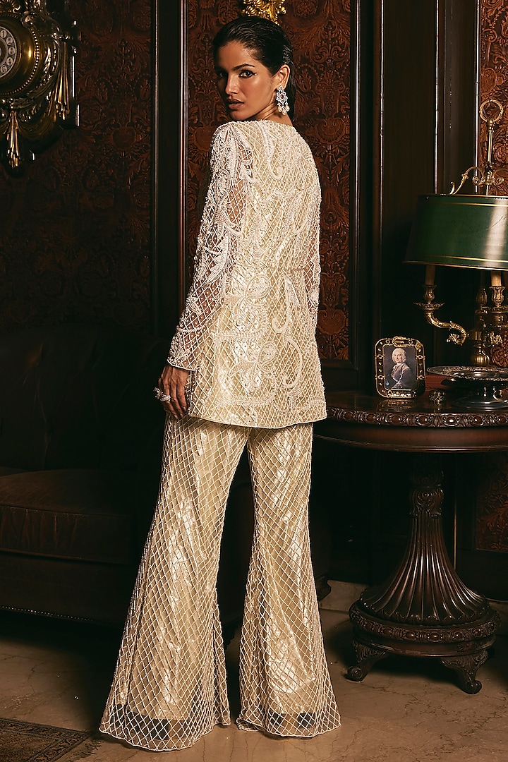 Cream Net & Shimmer Hand Embroidered Indo-Western Jacket Set by Studio22 by Pulkita Arora Bajaj at Pernia's Pop Up Shop