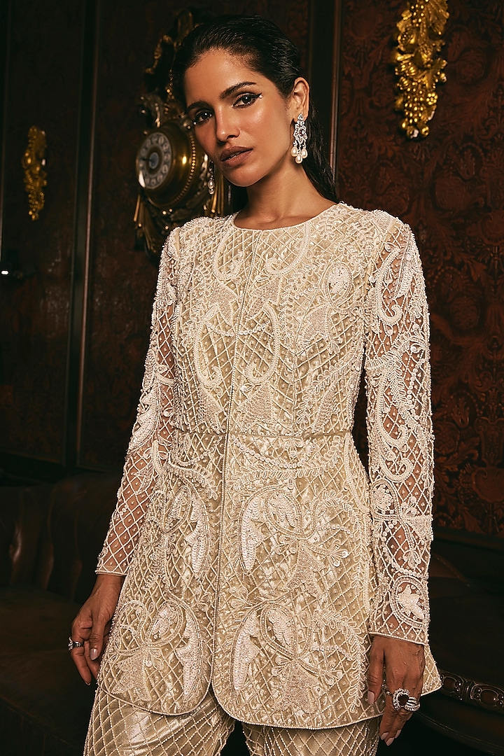 Cream Net & Shimmer Hand Embroidered Indo-Western Jacket Set by Studio22 by Pulkita Arora Bajaj at Pernia's Pop Up Shop