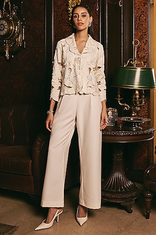 White Banana Crepe Cutwork Jacket Set by Studio22 by Pulkita Arora Bajaj