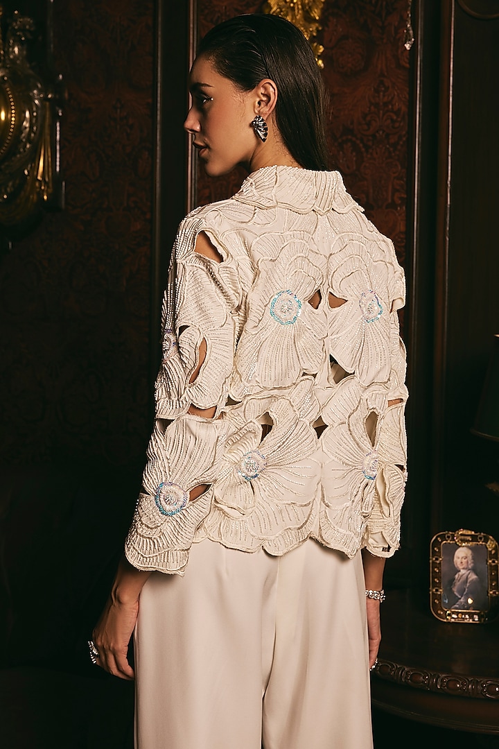 White Banana Crepe Cutwork Jacket Set by Studio22 by Pulkita Arora Bajaj at Pernia's Pop Up Shop