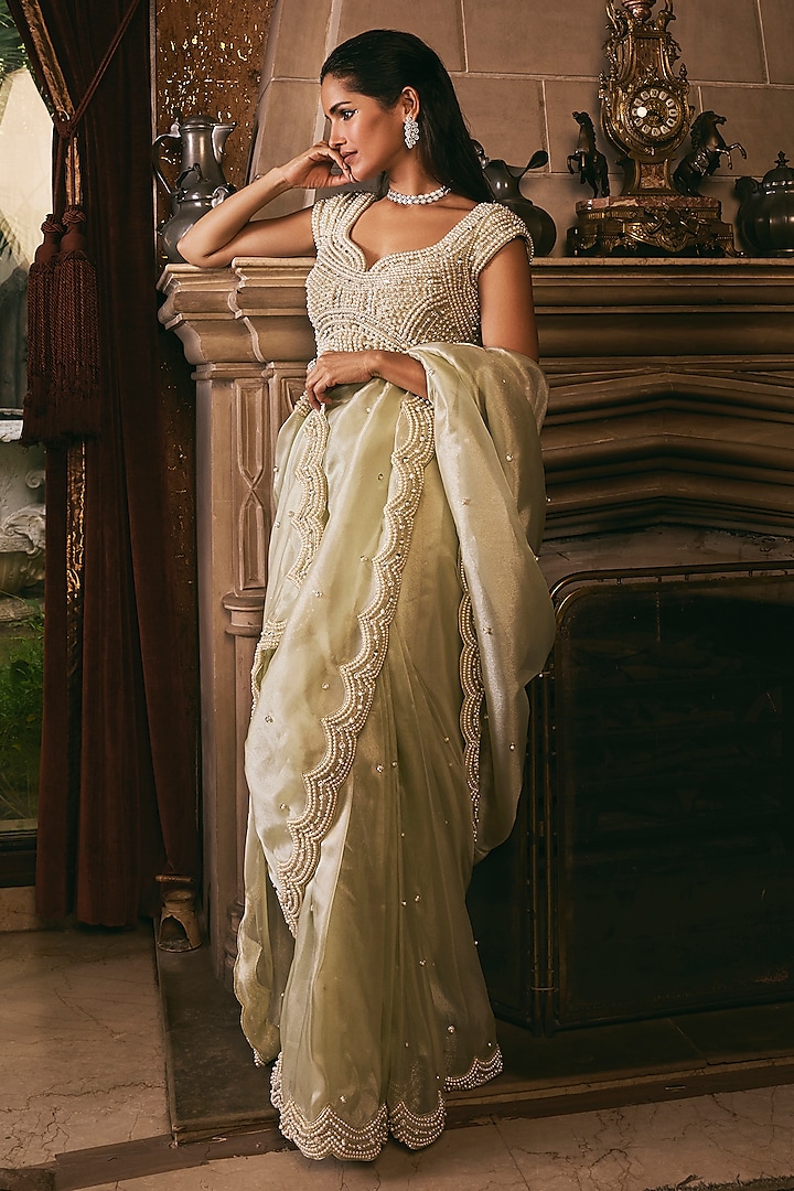 Mint Green Organza Pearl Hand Embroidered Pre-Draped Saree Set by Studio22 by Pulkita Arora Bajaj at Pernia's Pop Up Shop