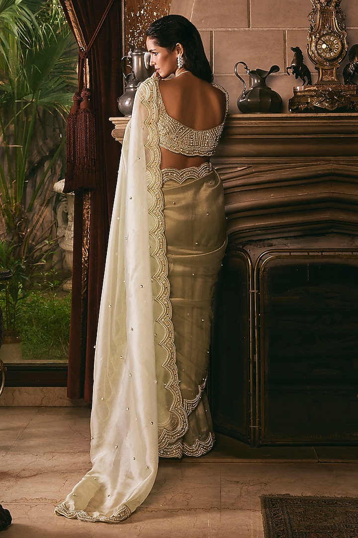 Mint Green Organza Pearl Hand Embroidered Pre-Draped Wedding Saree Set by Studio22 by Pulkita Arora Bajaj at Pernia's Pop Up Shop