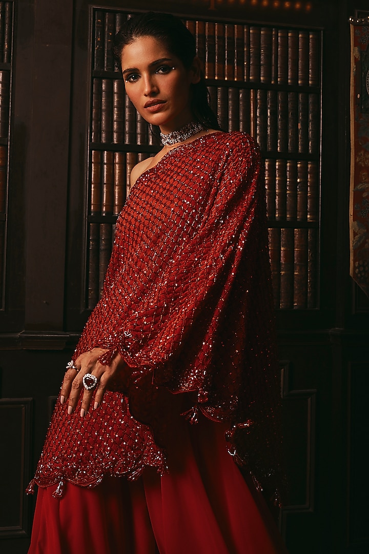 Red Georgette Wedding Sharara Set by Studio22 by Pulkita Arora Bajaj at Pernia's Pop Up Shop