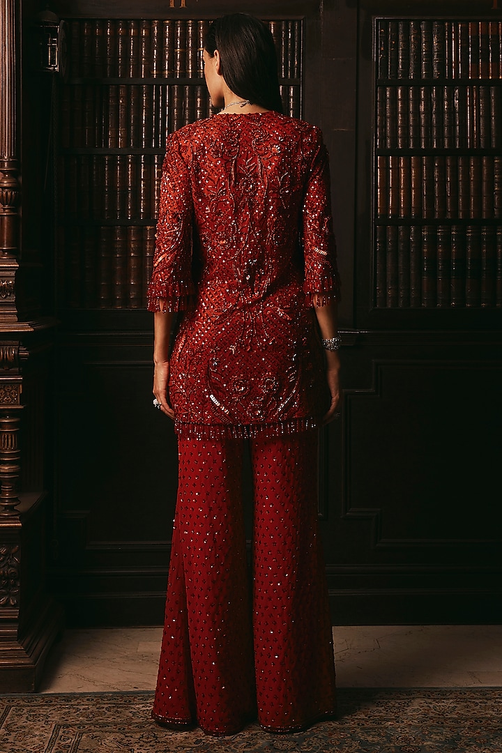 Red Georgette Hand Embroidered Tunic Set by Studio22 by Pulkita Arora Bajaj at Pernia's Pop Up Shop