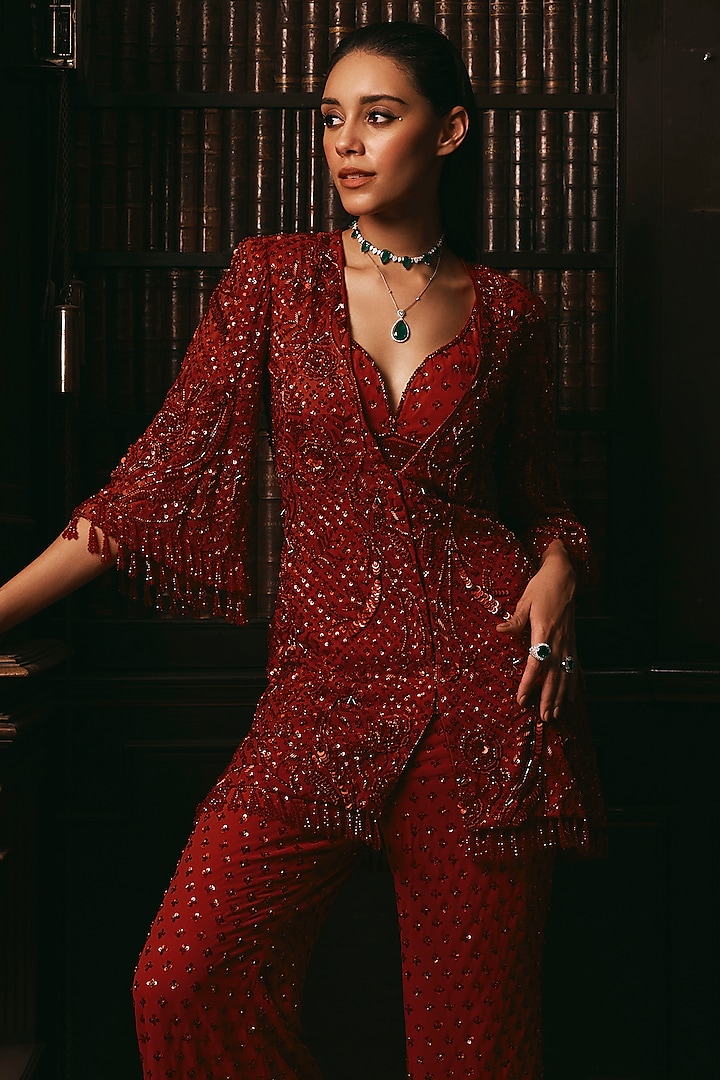 Red Georgette Hand Embroidered Tunic Set by Studio22 by Pulkita Arora Bajaj at Pernia's Pop Up Shop
