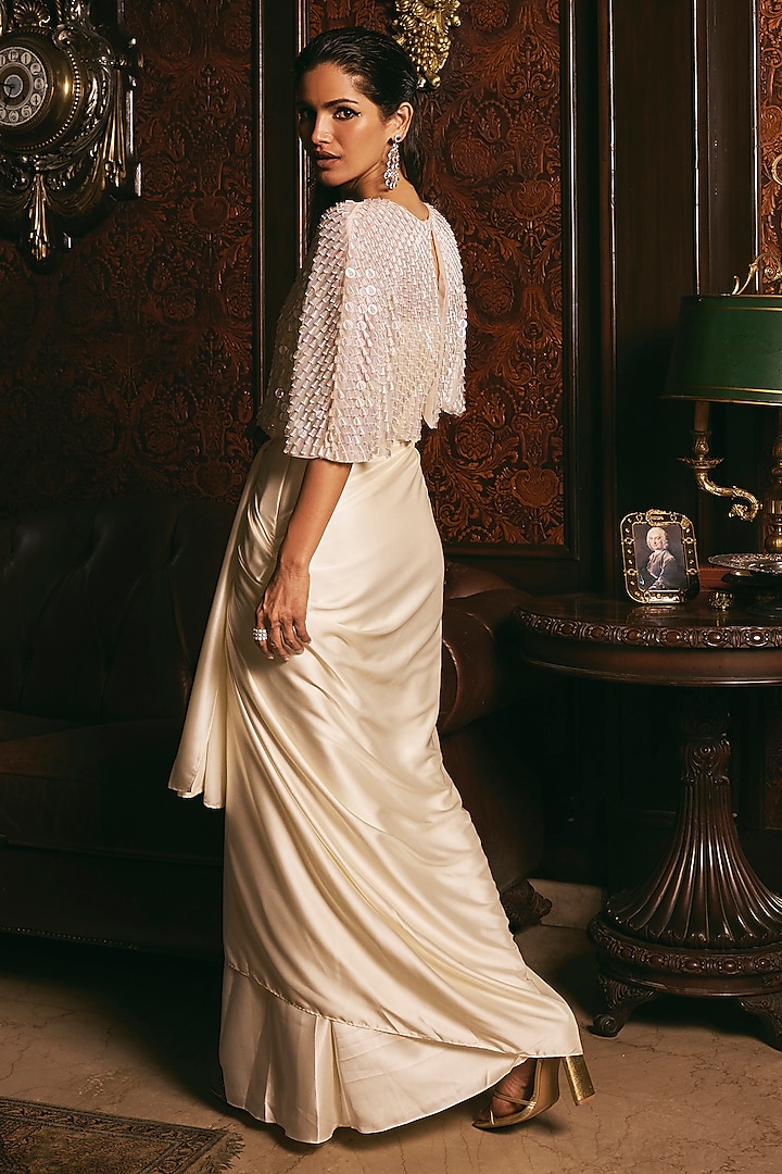 Ivory Satin Draped Skirt Set by Studio22 by Pulkita Arora Bajaj at Pernia's Pop Up Shop