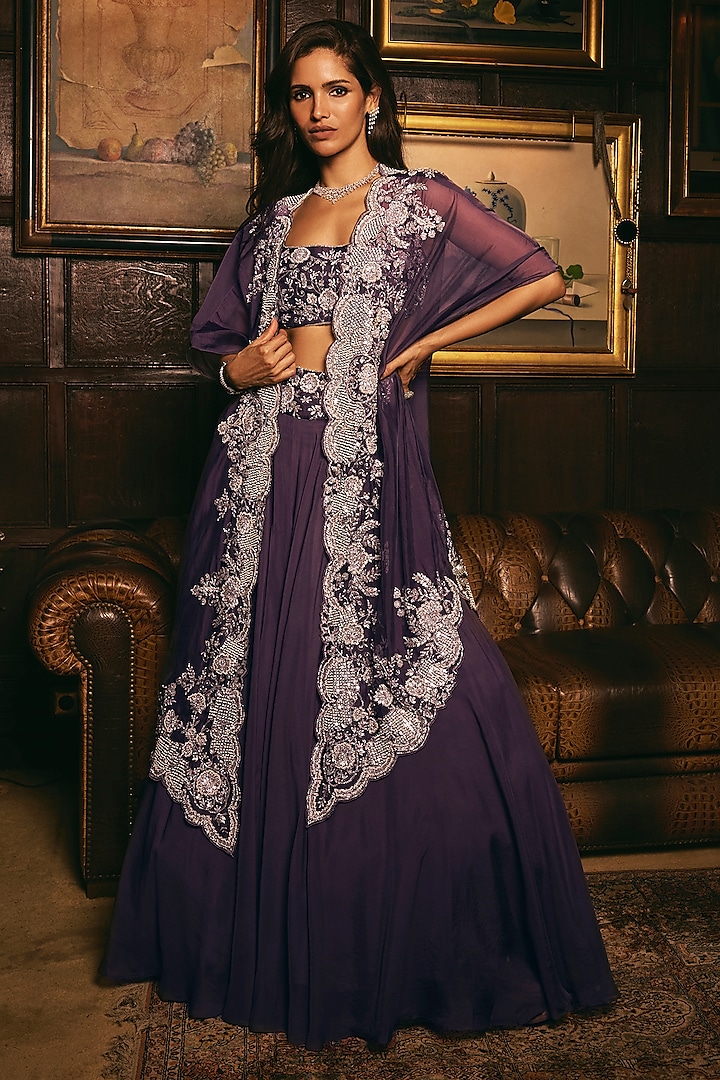 Purple Organza Hand Embroidered Jacket Wedding Lehenga Set by Studio22 by Pulkita Arora Bajaj at Pernia's Pop Up Shop