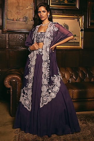 Purple Organza Hand Embroidered Jacket Lehenga Set by Studio22 by Pulkita Arora Bajaj