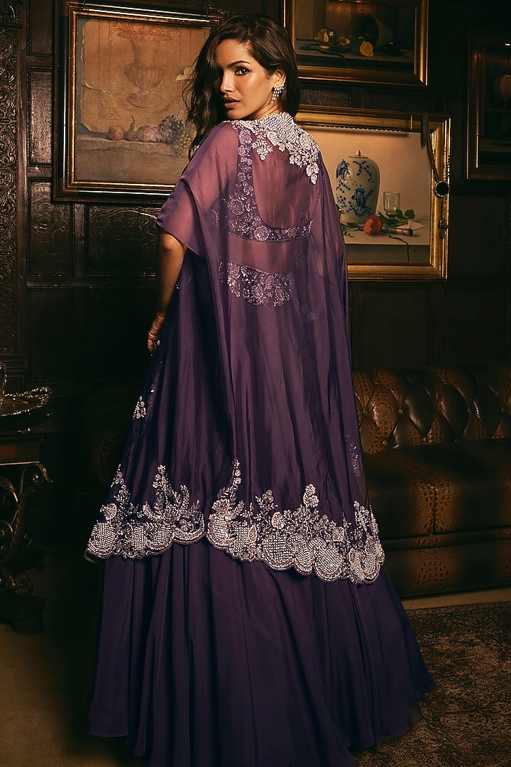 Purple Organza Hand Embroidered Jacket Wedding Lehenga Set by Studio22 by Pulkita Arora Bajaj at Pernia's Pop Up Shop