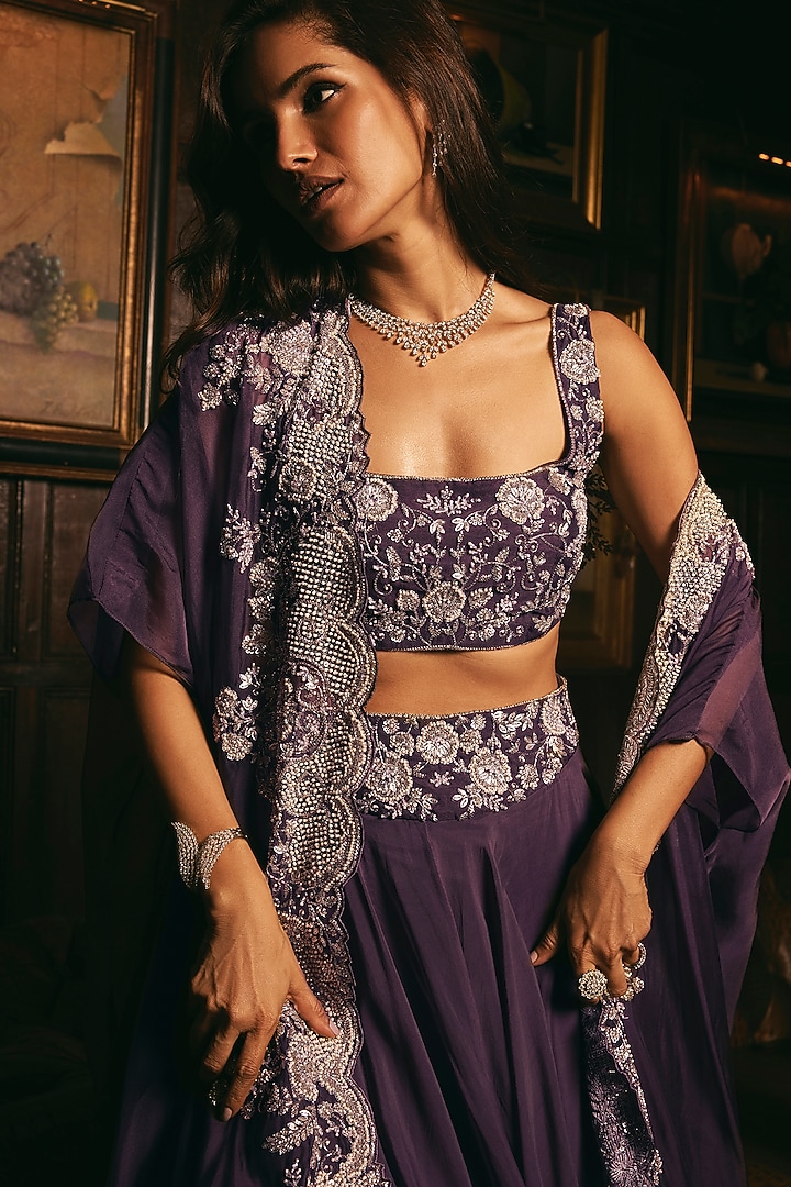Purple Organza Hand Embroidered Jacket Wedding Lehenga Set by Studio22 by Pulkita Arora Bajaj at Pernia's Pop Up Shop