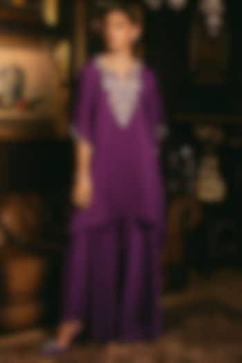 Purple Satin Hand Embroidered Kaftan Set by Studio22 by Pulkita Arora Bajaj at Pernia's Pop Up Shop