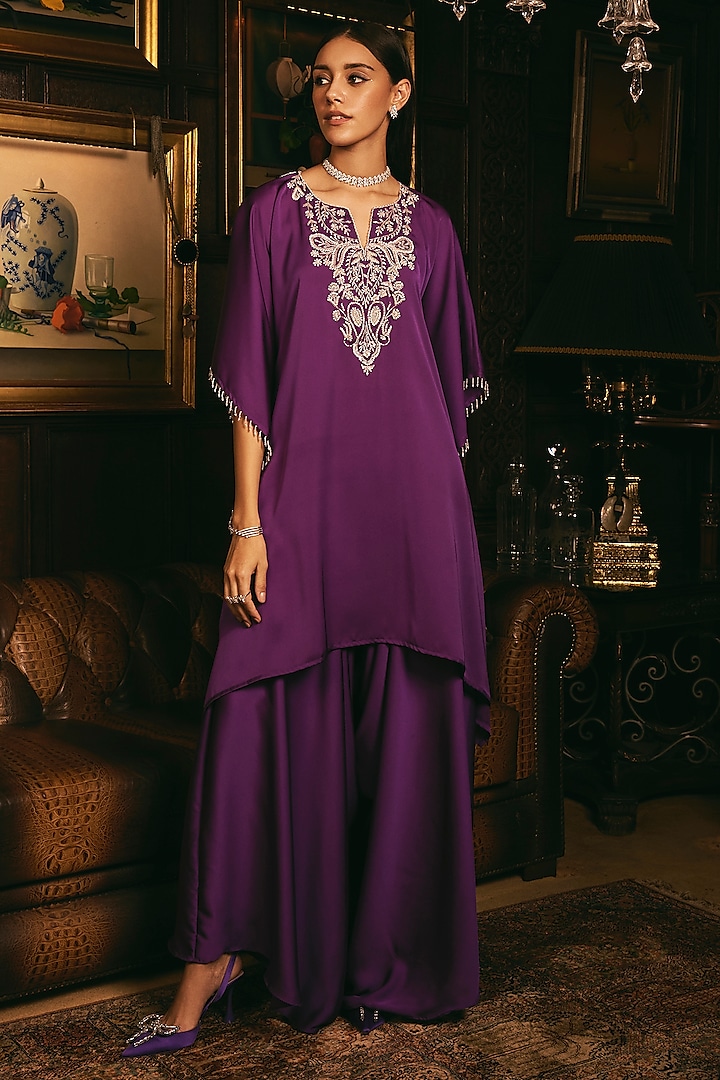 Purple Satin Hand Embroidered Kaftan Set by Studio22 by Pulkita Arora Bajaj at Pernia's Pop Up Shop