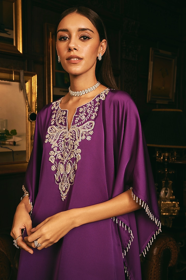 Purple Satin Hand Embroidered Kaftan Set by Studio22 by Pulkita Arora Bajaj at Pernia's Pop Up Shop