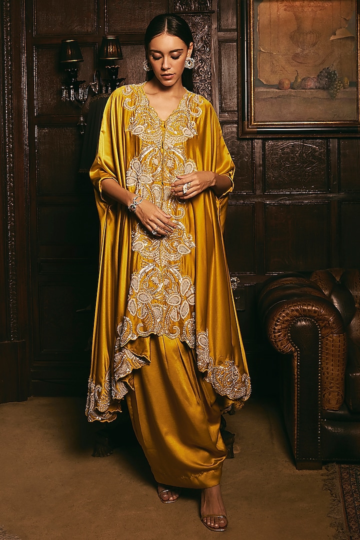 Mustard Yellow Crepe Hand Embroidered Kaftan Set by Studio22 by Pulkita Arora Bajaj at Pernia's Pop Up Shop