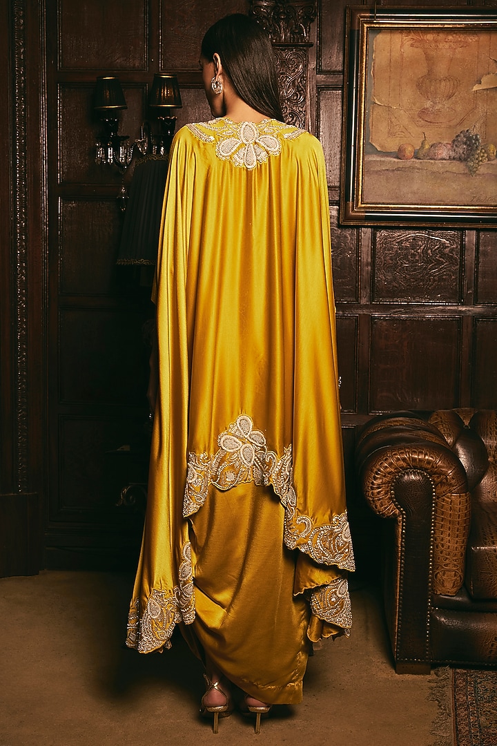 Mustard Yellow Crepe Hand Embroidered Kaftan Set by Studio22 by Pulkita Arora Bajaj at Pernia's Pop Up Shop