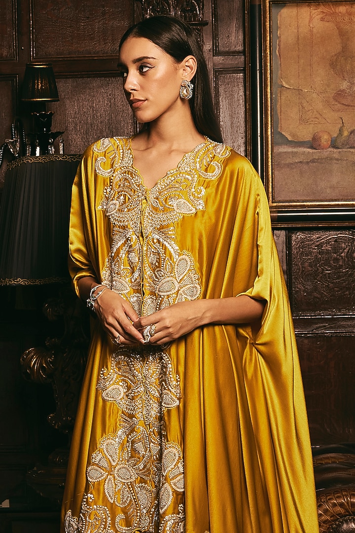 Mustard Yellow Crepe Hand Embroidered Kaftan Set by Studio22 by Pulkita Arora Bajaj at Pernia's Pop Up Shop