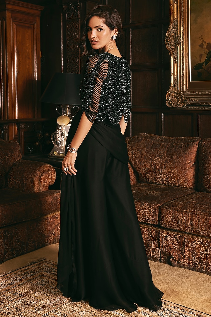 Black Satin Chiffon Hand Embroidered Pant Set by Studio22 by Pulkita Arora Bajaj at Pernia's Pop Up Shop