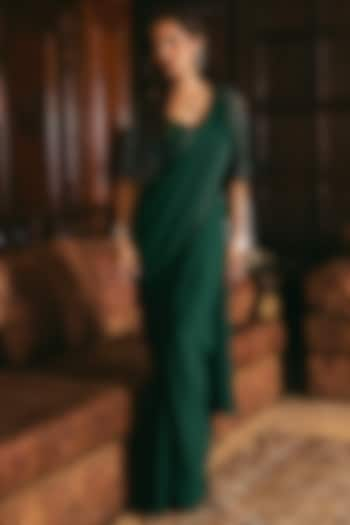 Bottle Green Satin Pre-Draped Saree Set by Studio22 by Pulkita Arora Bajaj at Pernia's Pop Up Shop