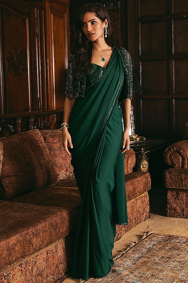 Bottle Green Satin Pre-Draped Saree Set by Studio22 by Pulkita Arora Bajaj at Pernia's Pop Up Shop