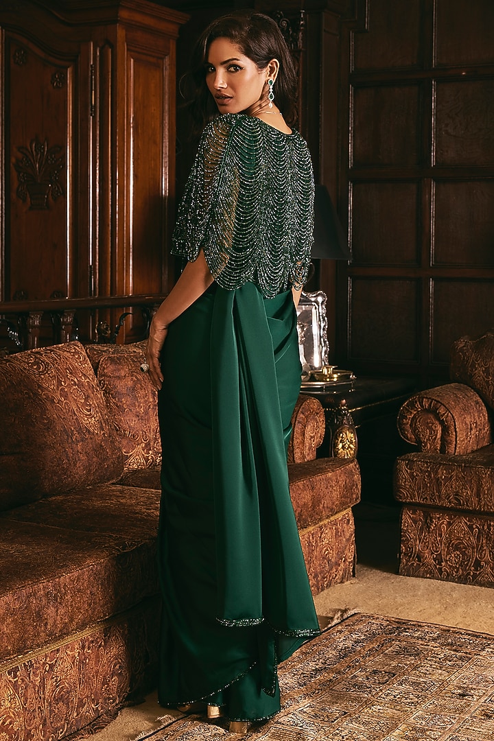Bottle Green Satin Pre-Draped Wedding Saree Set by Studio22 by Pulkita Arora Bajaj at Pernia's Pop Up Shop