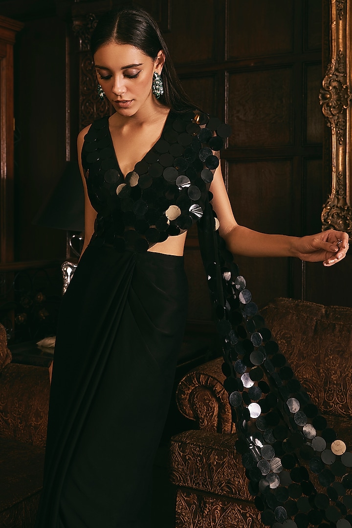 Black Satin Georgette Hand Embroidered Pre-Draped Saree Set by Studio22 by Pulkita Arora Bajaj at Pernia's Pop Up Shop