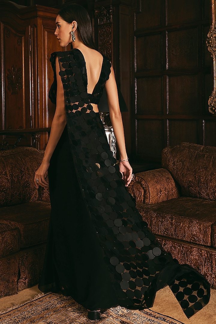 Black Satin Georgette Hand Embroidered Pre-Draped Wedding Saree Set by Studio22 by Pulkita Arora Bajaj at Pernia's Pop Up Shop