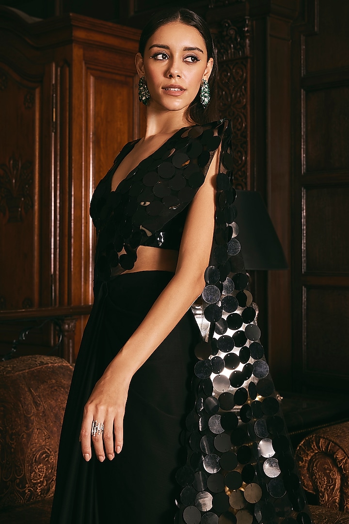 Black Satin Georgette Hand Embroidered Pre-Draped Wedding Saree Set by Studio22 by Pulkita Arora Bajaj at Pernia's Pop Up Shop