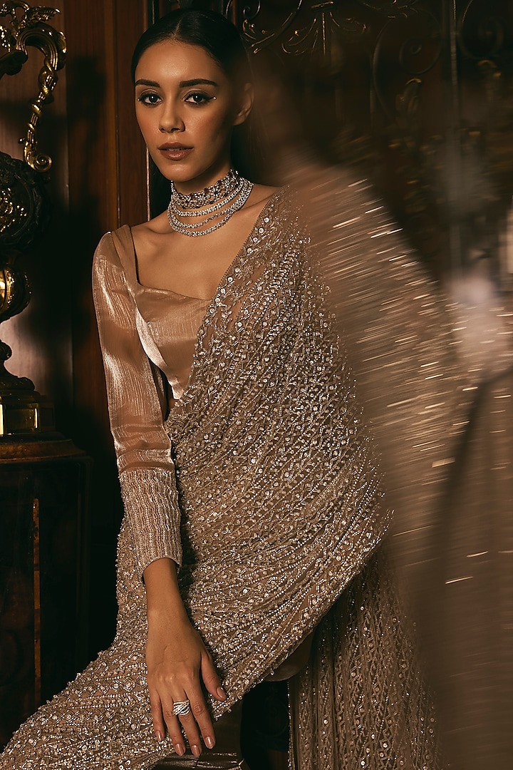 Champagne Organza Hand Embroidered Wedding Lehenga Set by Studio22 by Pulkita Arora Bajaj at Pernia's Pop Up Shop