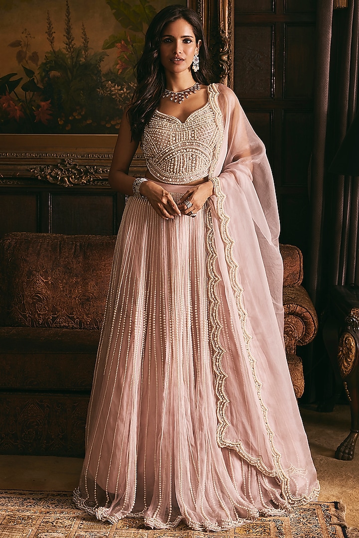 Blush Pink Organza Hand Embroidered Wedding Lehenga Set by Studio22 by Pulkita Arora Bajaj at Pernia's Pop Up Shop