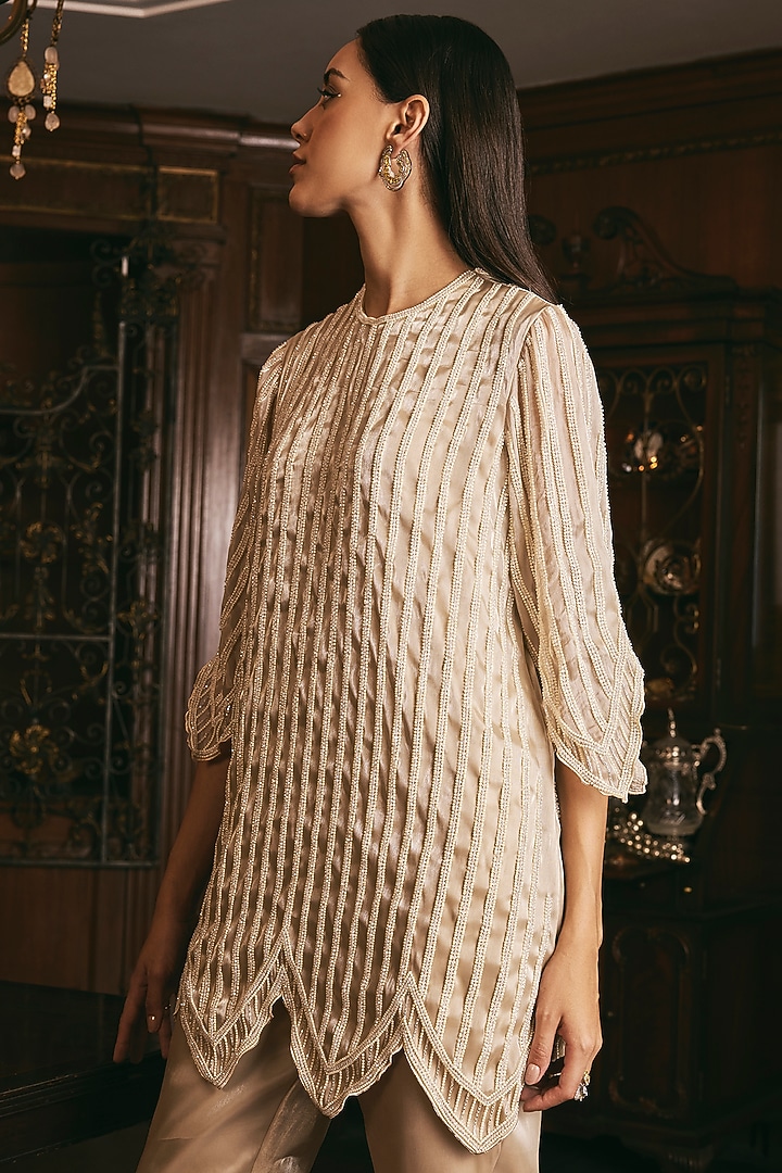 Champagne Organza Hand Embroidered Kurta Set by Studio22 by Pulkita Arora Bajaj at Pernia's Pop Up Shop