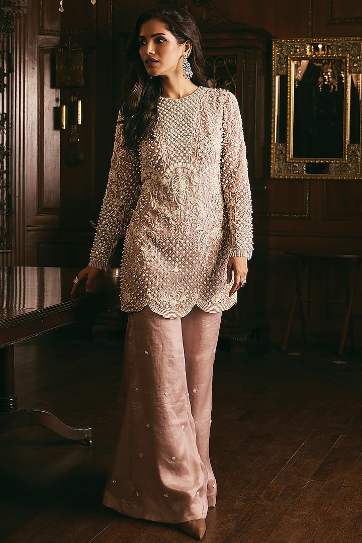 Dusty Rose Pink Organza Hand Embroidered Kurta Set by Studio22 by Pulkita Arora Bajaj at Pernia's Pop Up Shop