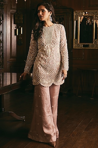 Dusty Rose Pink Organza Hand Embroidered Kurta Set by studio22 by pulkita arora bajaj-MORE FROM Studio22 by Pulkita Arora Bajaj