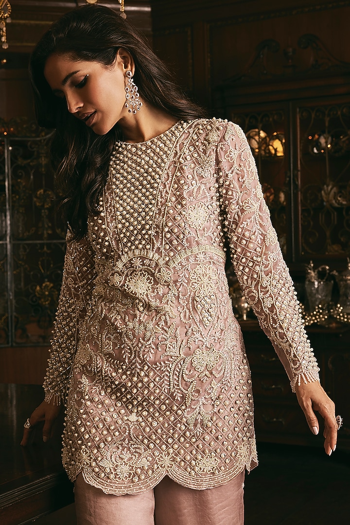 Dusty Rose Pink Organza Hand Embroidered Kurta Set by Studio22 by Pulkita Arora Bajaj at Pernia's Pop Up Shop